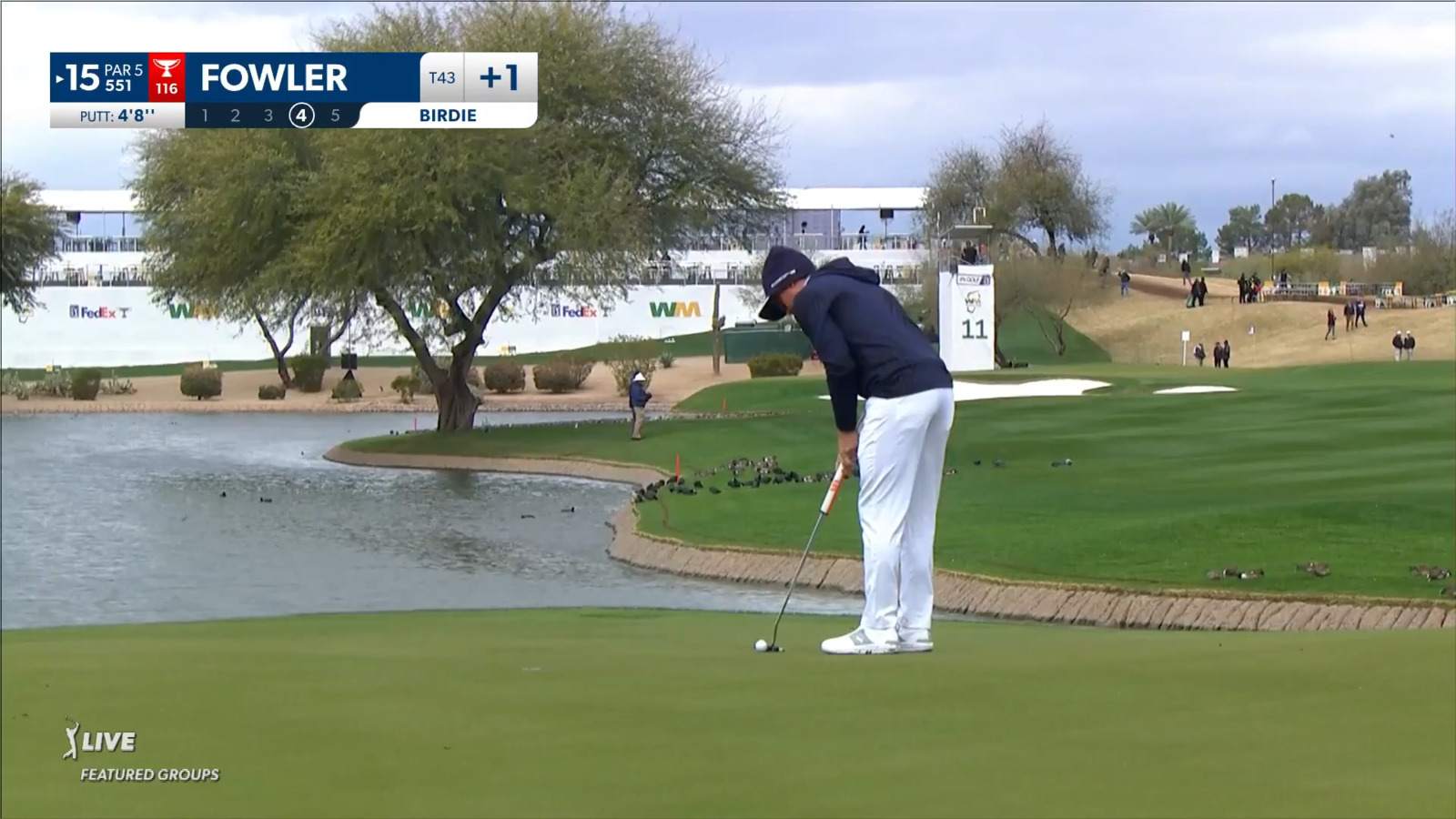 Rickie Fowler hits wedge tight for birdie on the par-5 15th at WM Phoenix Open