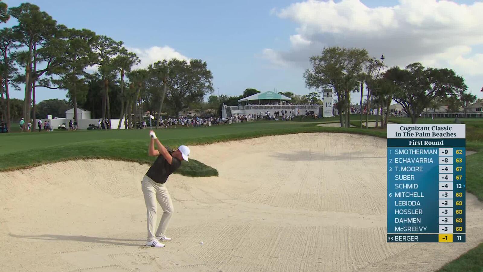Daniel Berger hits 151-yard approach from bunker to 12 feet, sets up birdie on No. 12 at Cognizant Classic
