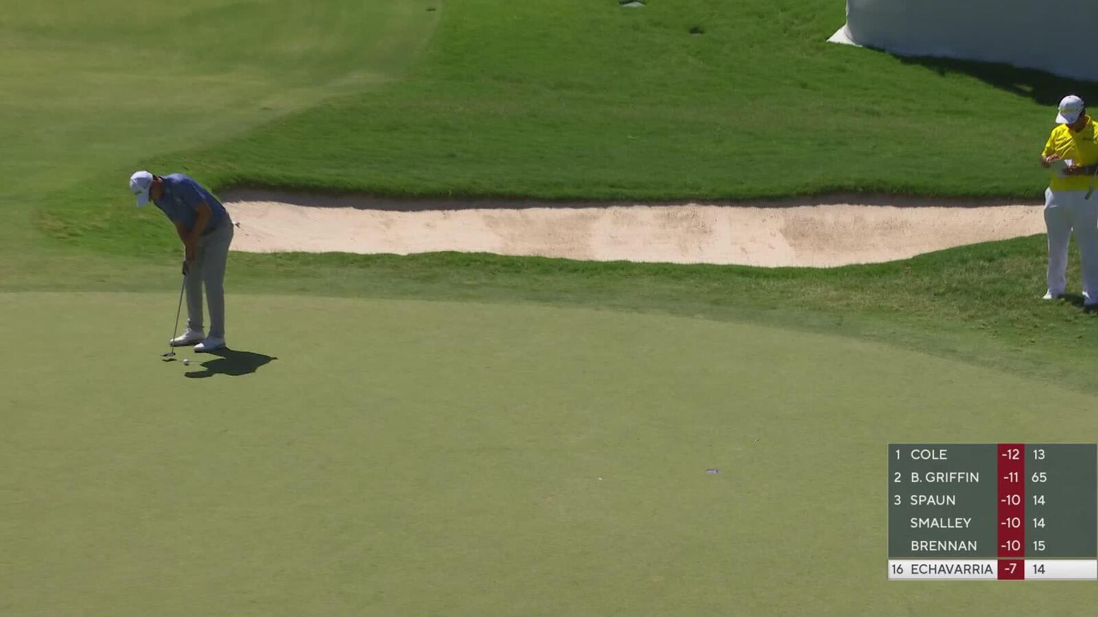 Nico Echavarria drains 18-foot birdie putt on No. 15 at Charles Schwab