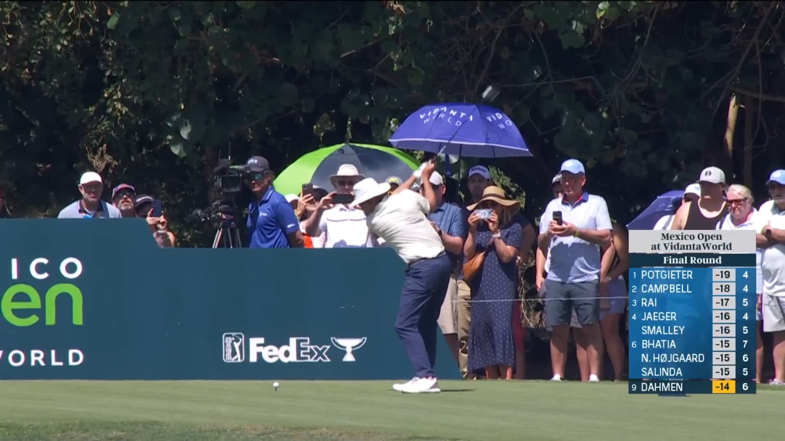 Joel Dahmen drives the green leading to eagle at Mexico Open