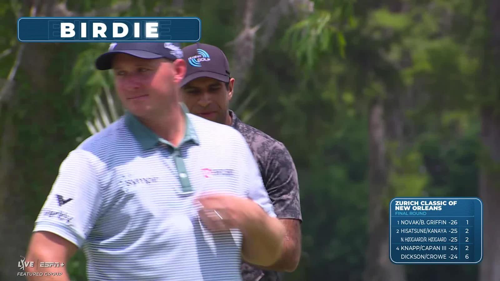 Team Sahith Theegala/Aaron Rai gets up-and-down from the bunker for birdie at Zurich Classic