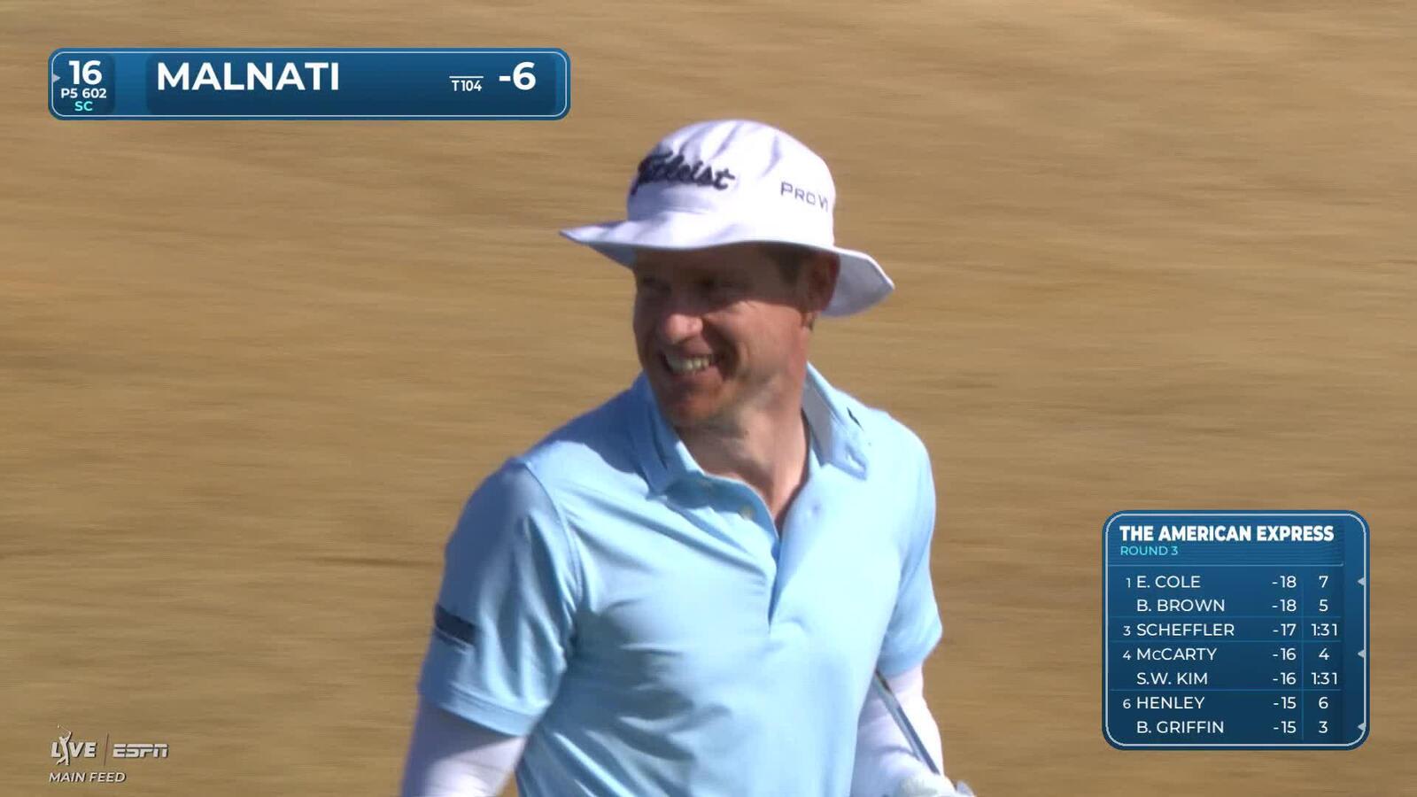 Peter Malnati taps in from 2 feet for birdie on No. 16 at The American Express