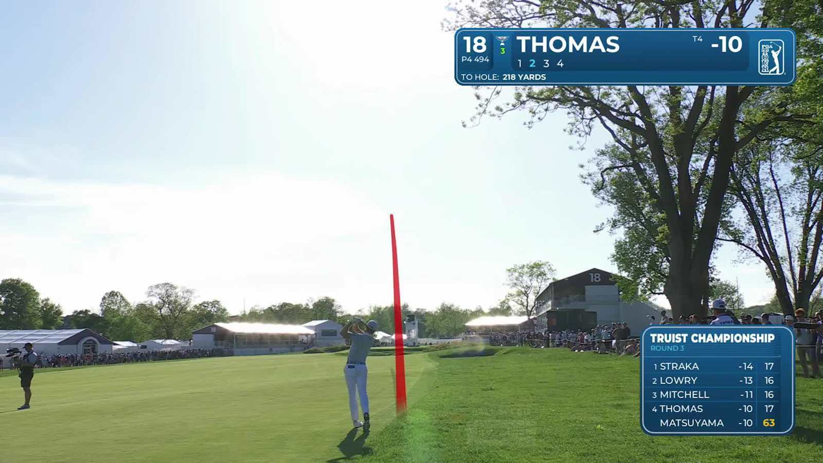 Justin Thomas sinks a 27-foot birdie putt on No. 18 at Truist Championship