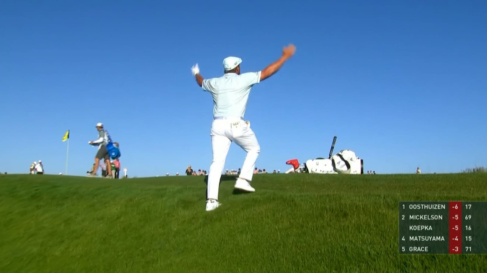 Bryson DeChambeau’s bunker shot off the pin yields par save at the PGA Championship 