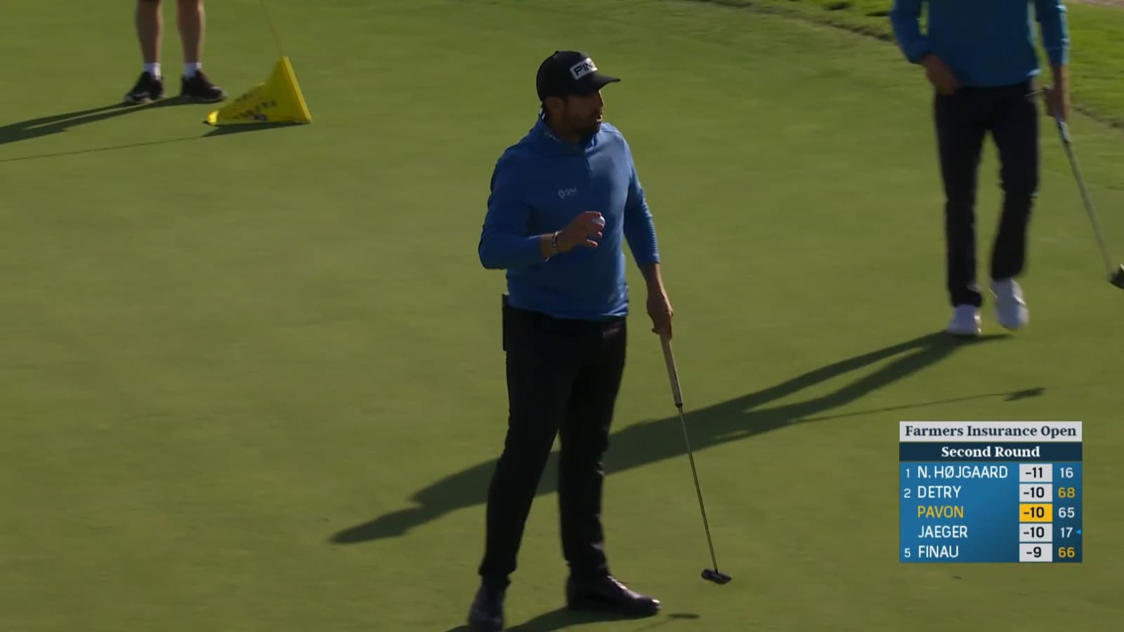 Matthieu Pavon finishes his round with birdie on No. 18 at Farmers