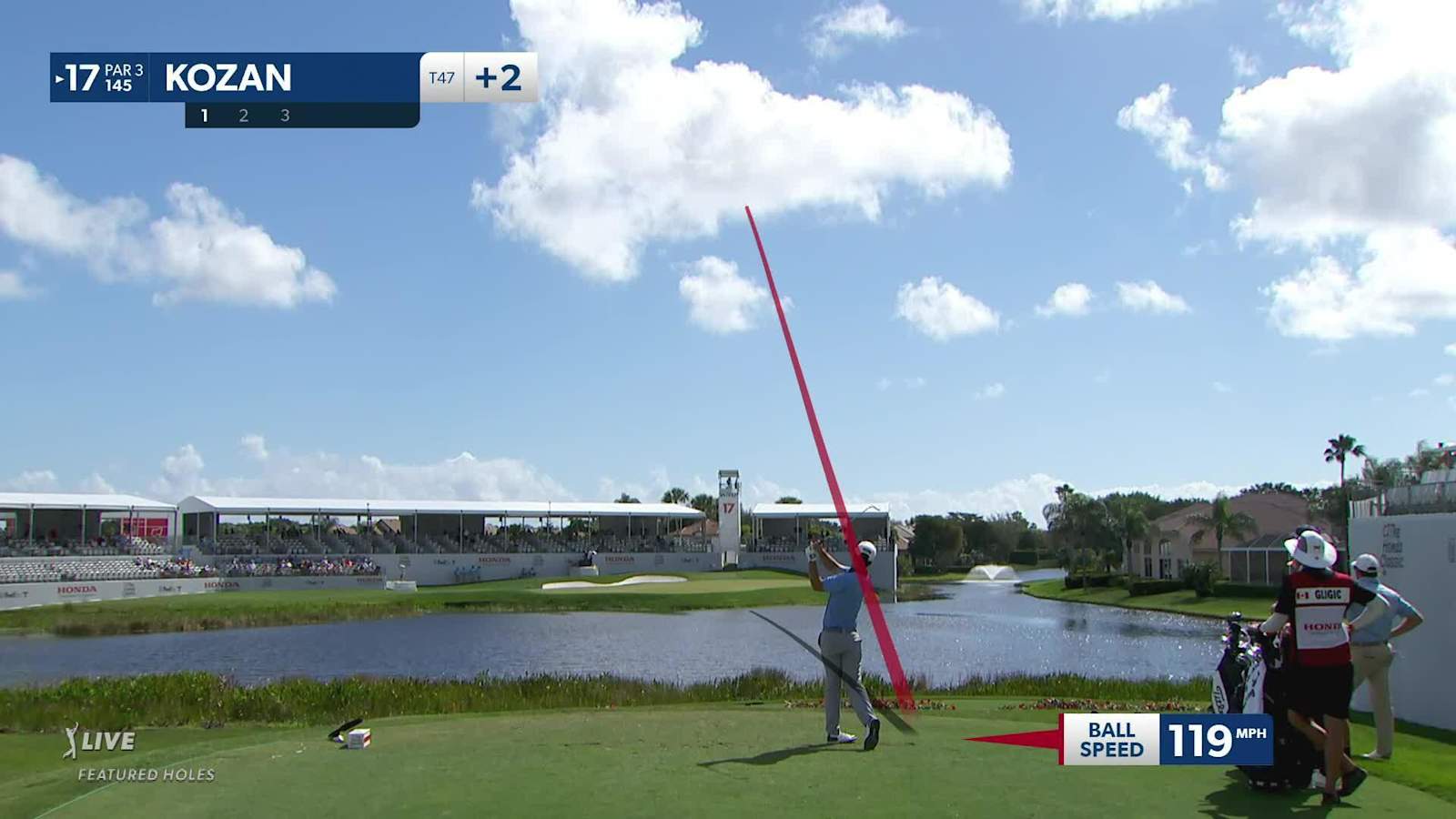 Andrew Kozan throws a dart to set up birdie at Honda