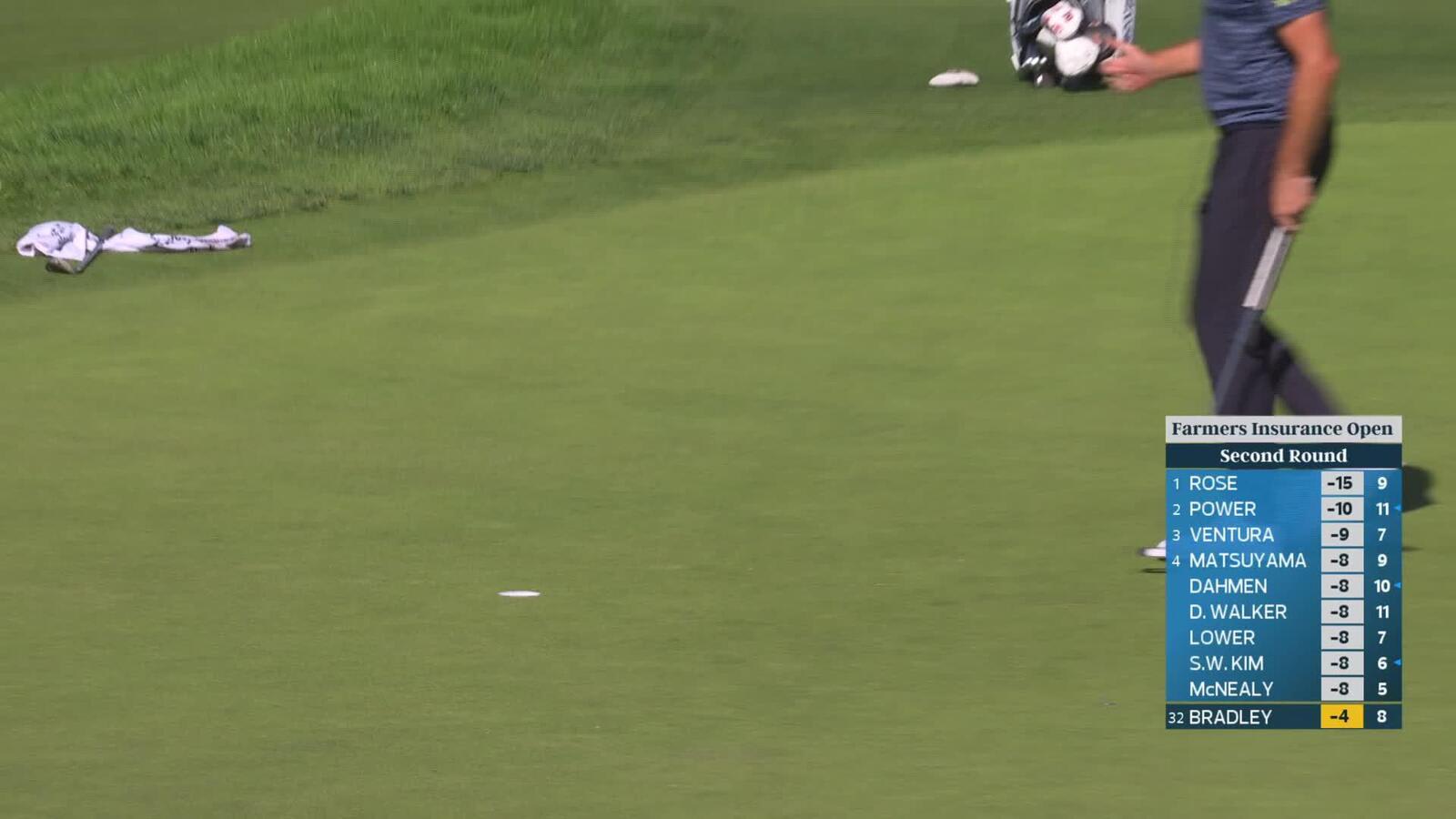 Keegan Bradley sinks a 22-foot eagle putt on No. 9 at Farmers