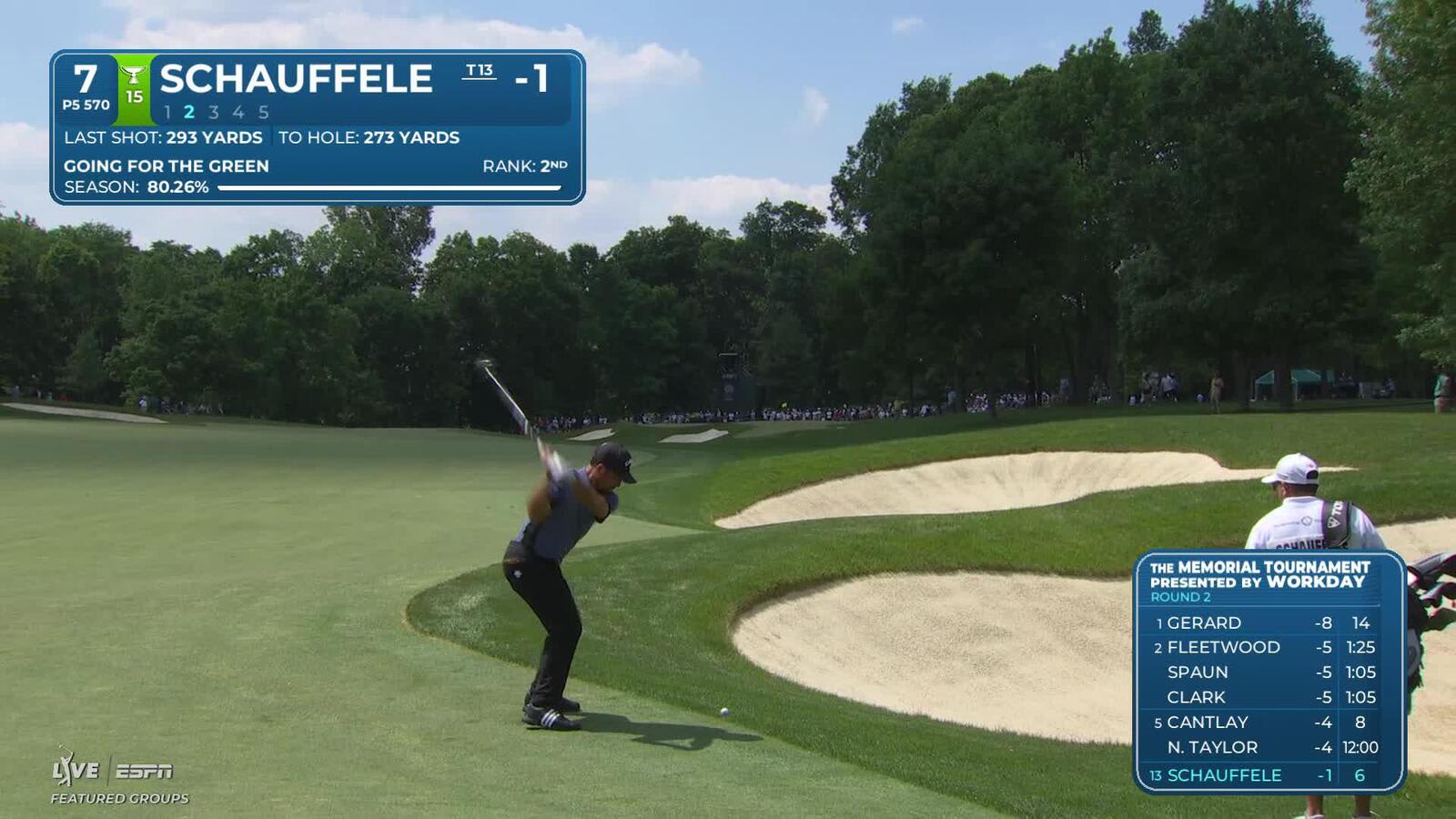 Xander Schauffele holes 30-foot approach for birdie on No. 7 at the Memorial