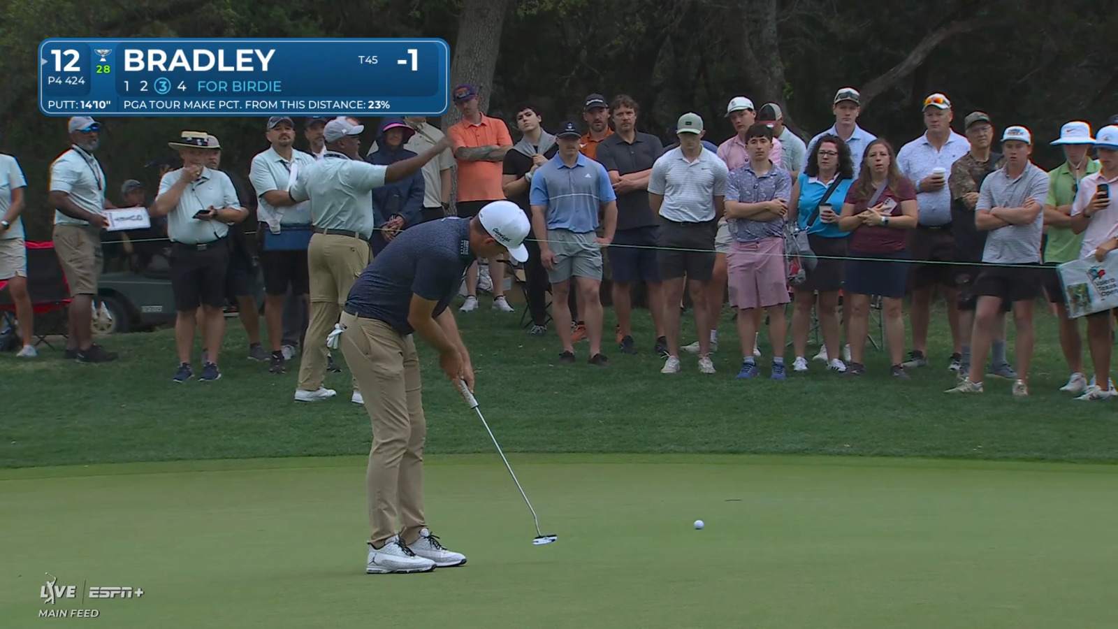 Keegan Bradley  drains 14-foot breaking birdie putt at Valero