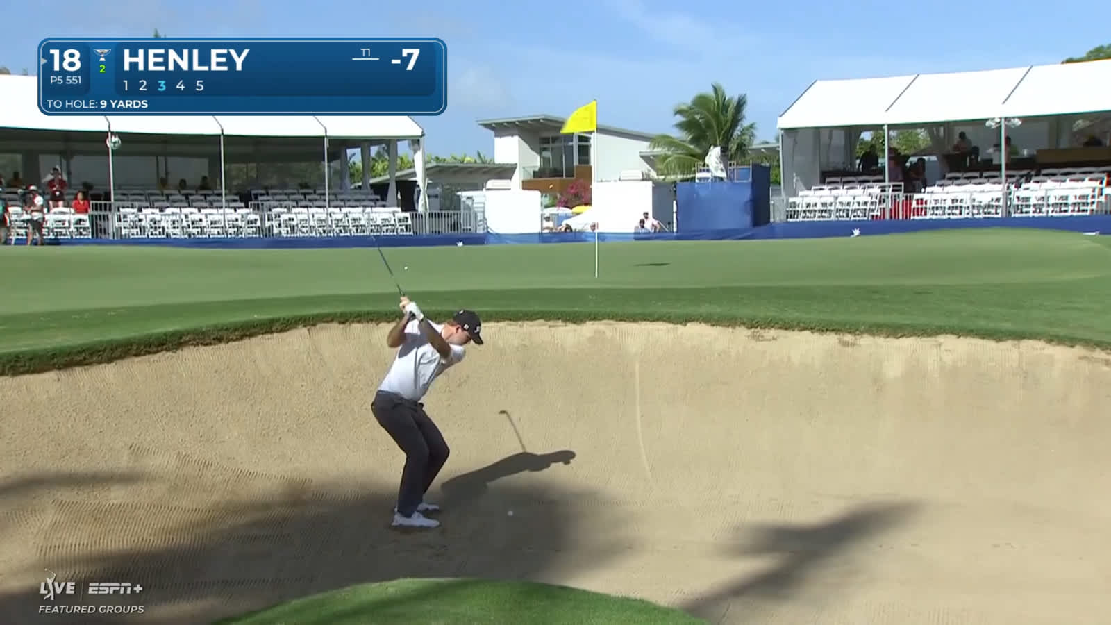 Russell Henley rattles the flag on his bunker shot, leaving tap-in birdie at Sony Open