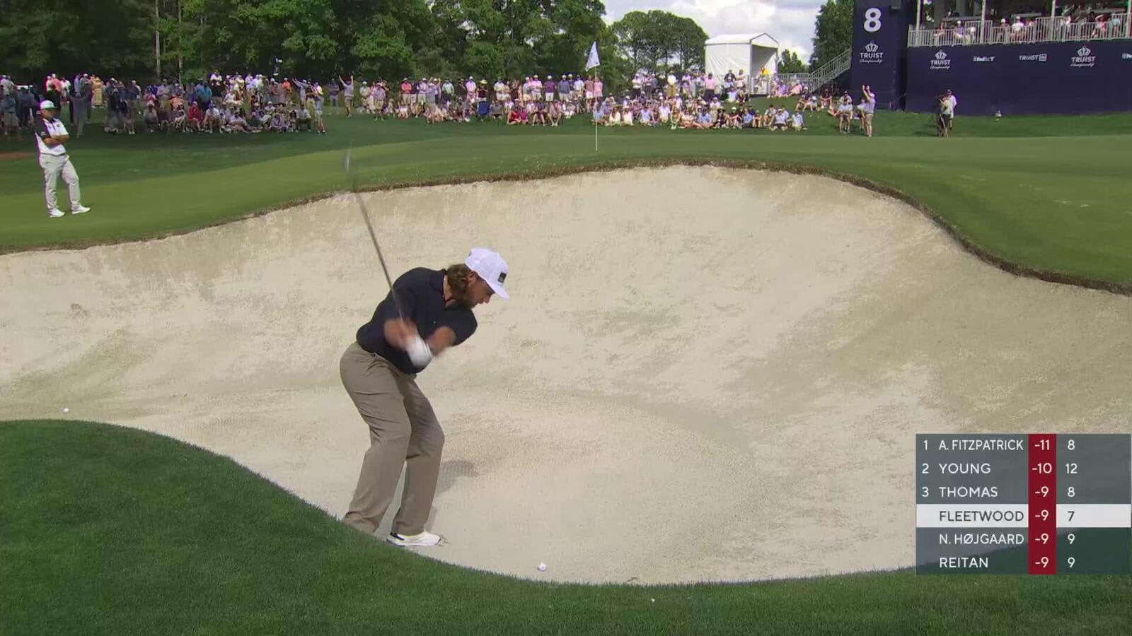Tommy Fleetwood gets up-and-down from 62 feet for birdie on No. 8 at Truist Championship