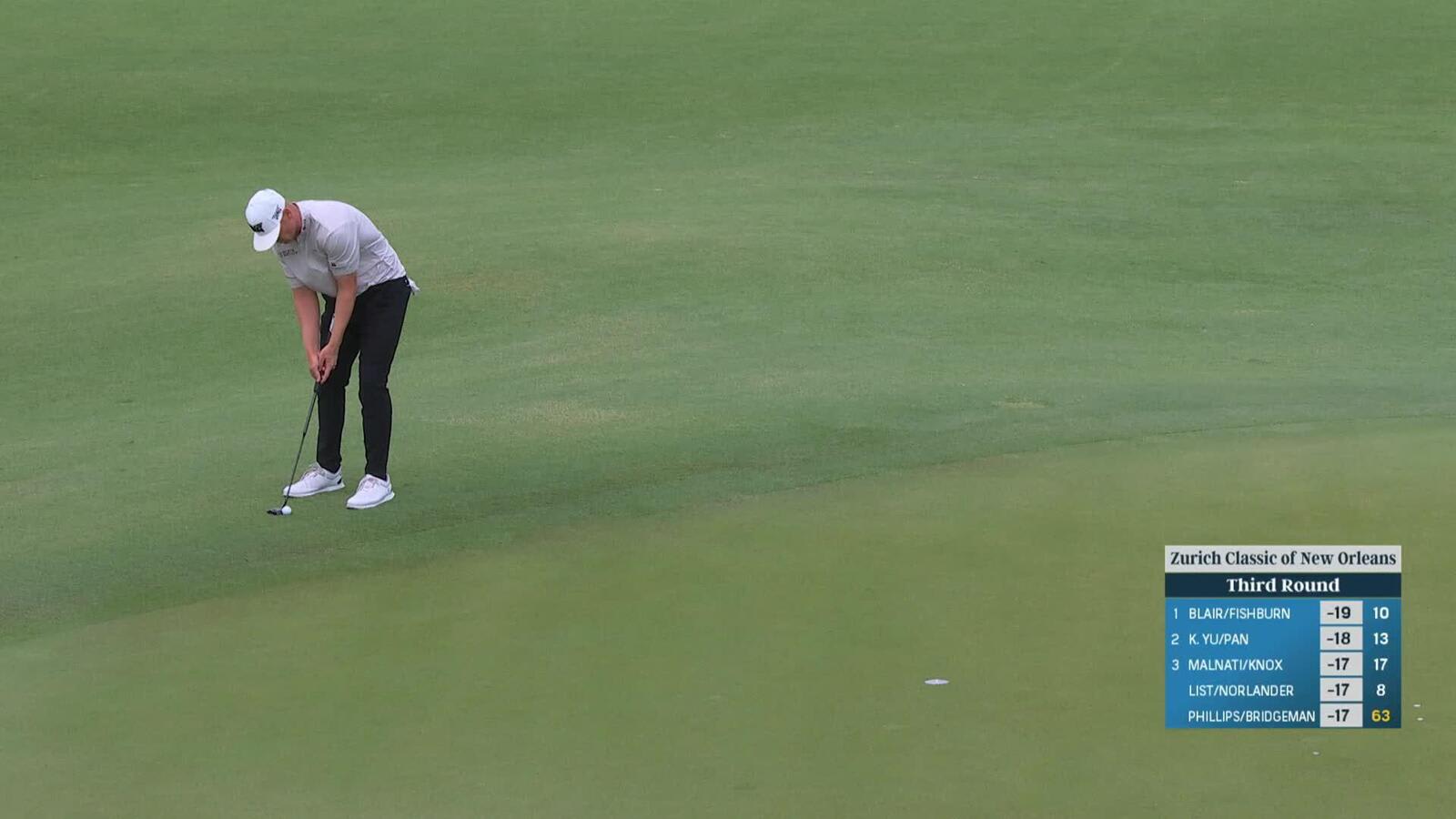 Patrick Fishburn sinks birdie putt from off the green at Zurich Classic