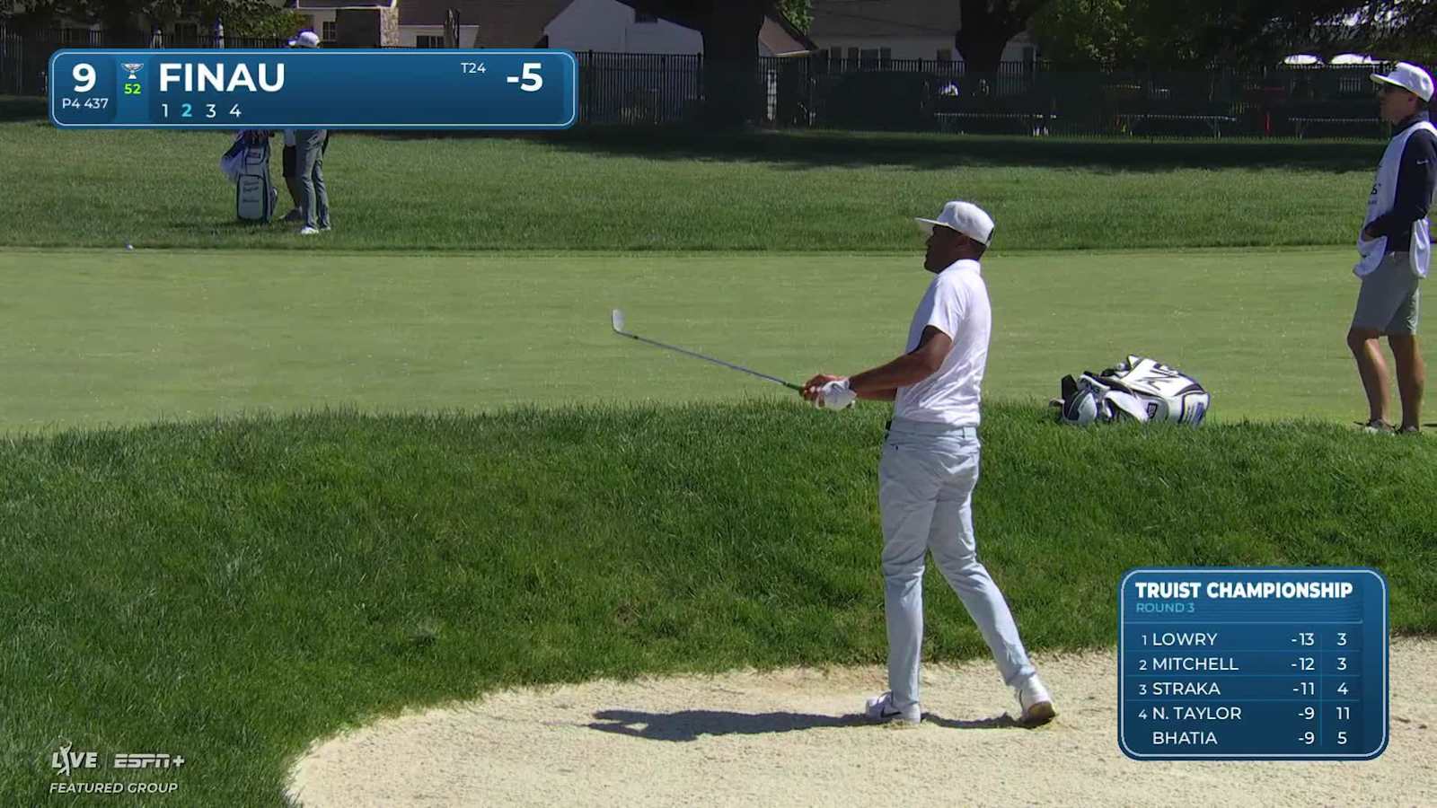Tony Finau sinks a 23-foot birdie putt on No. 9 at Truist Championship