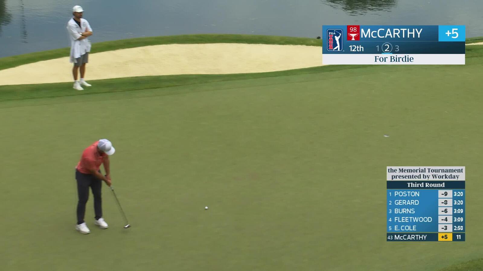 Denny McCarthy sinks 22-foot birdie putt on No. 12 at the Memorial