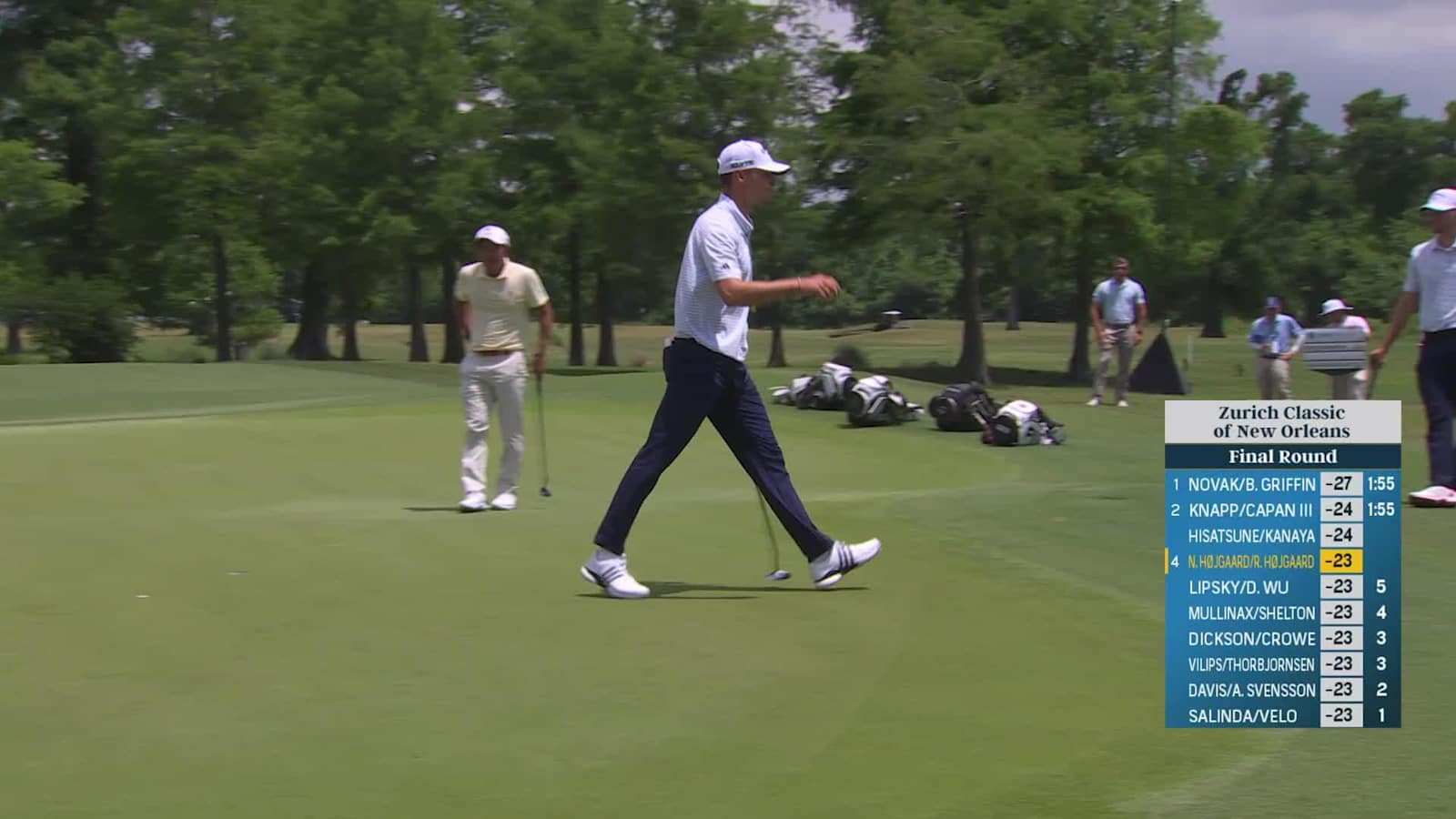 Team Rasmus Højgaard/Nicolai Højgaard makes birdie on No. 1 at Zurich Classic