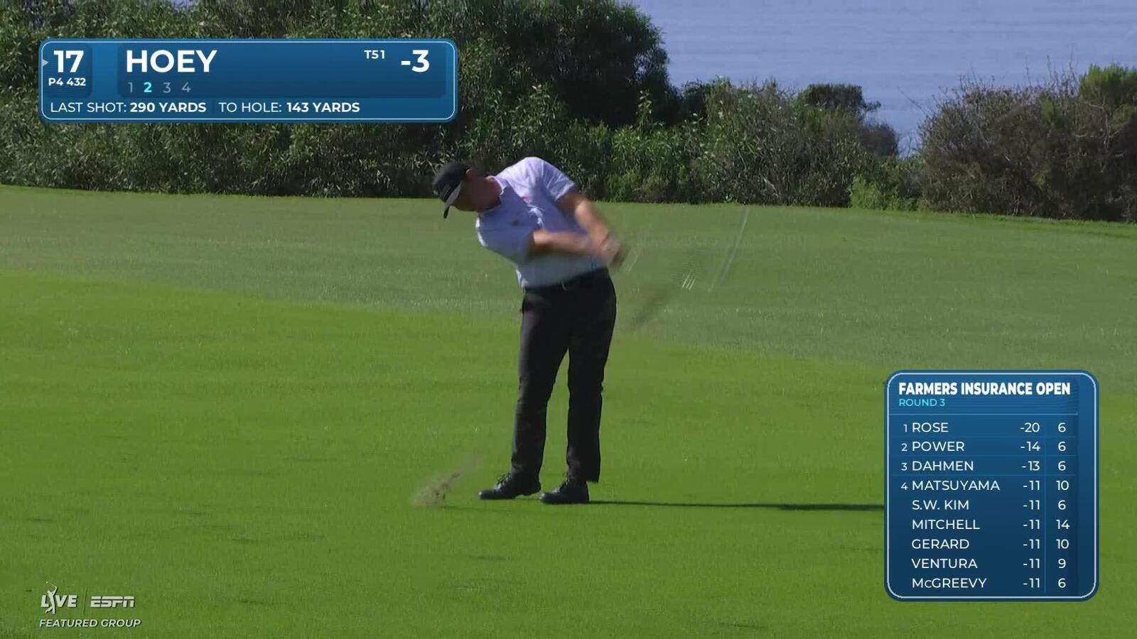 Rico Hoey hits 146-yard approach to 10 feet, sets up birdie on No. 17 at Farmers