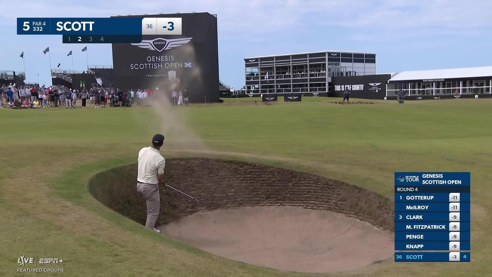 Adam Scott drives greenside bunker en route to birdie at Genesis Scottish Open