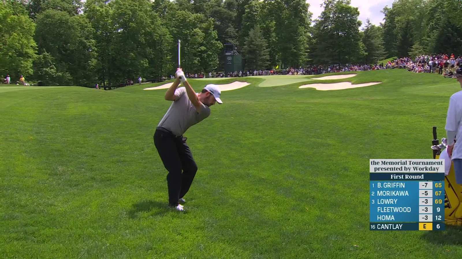 Patrick Cantlay's approach shot from the rough leads to birdie at the Memorial