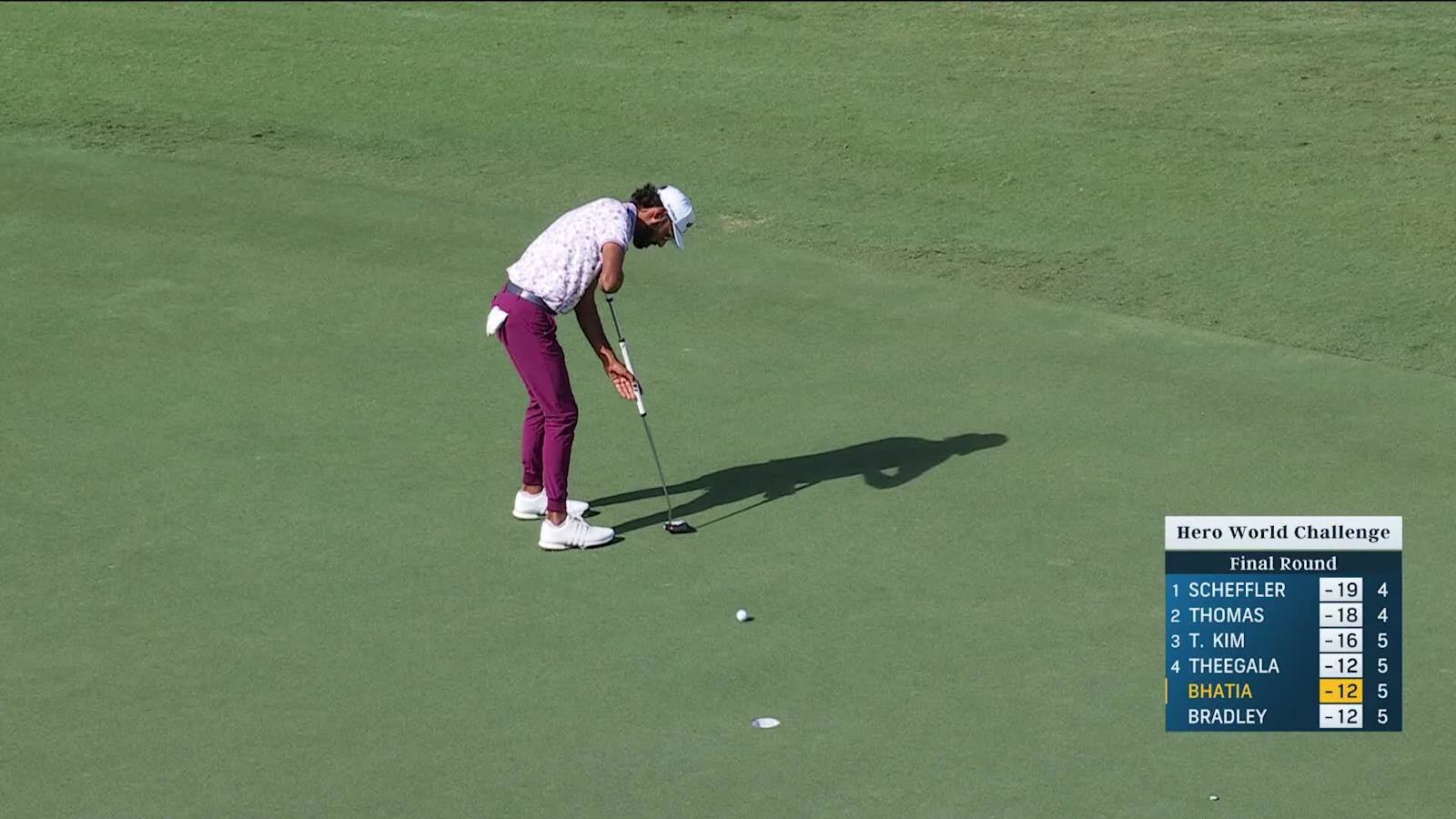 Akshay Bhatia sends in putt for birdie at Hero World Challenge