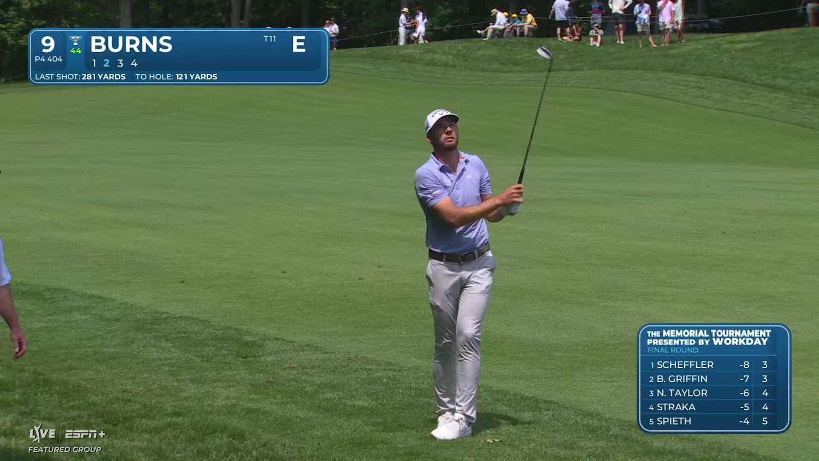 Sam Burns' approach from the rough leads to birdie at the Memorial