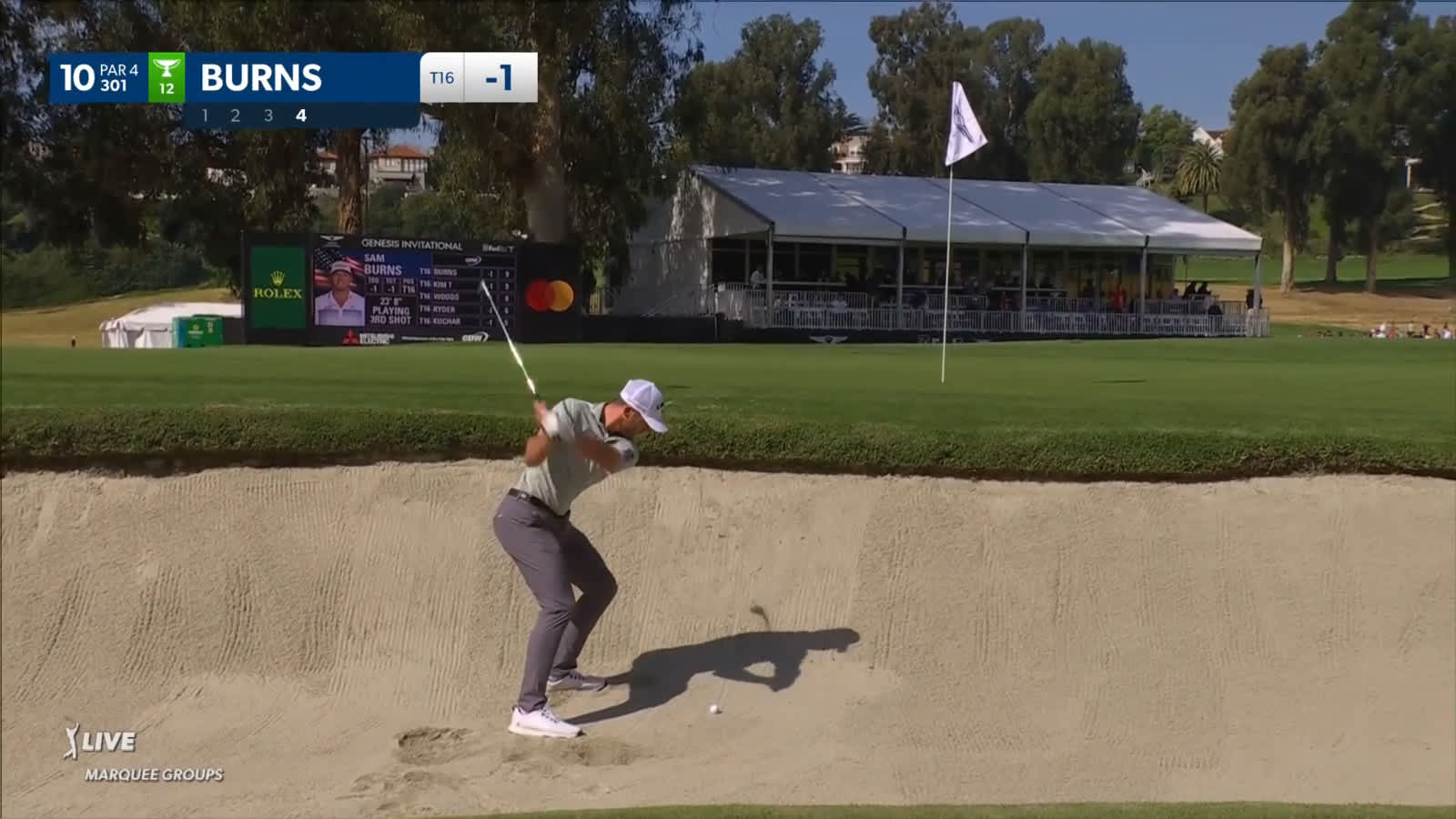 Sam Burns holes out from the bunker for par after duffed attempt at Genesis