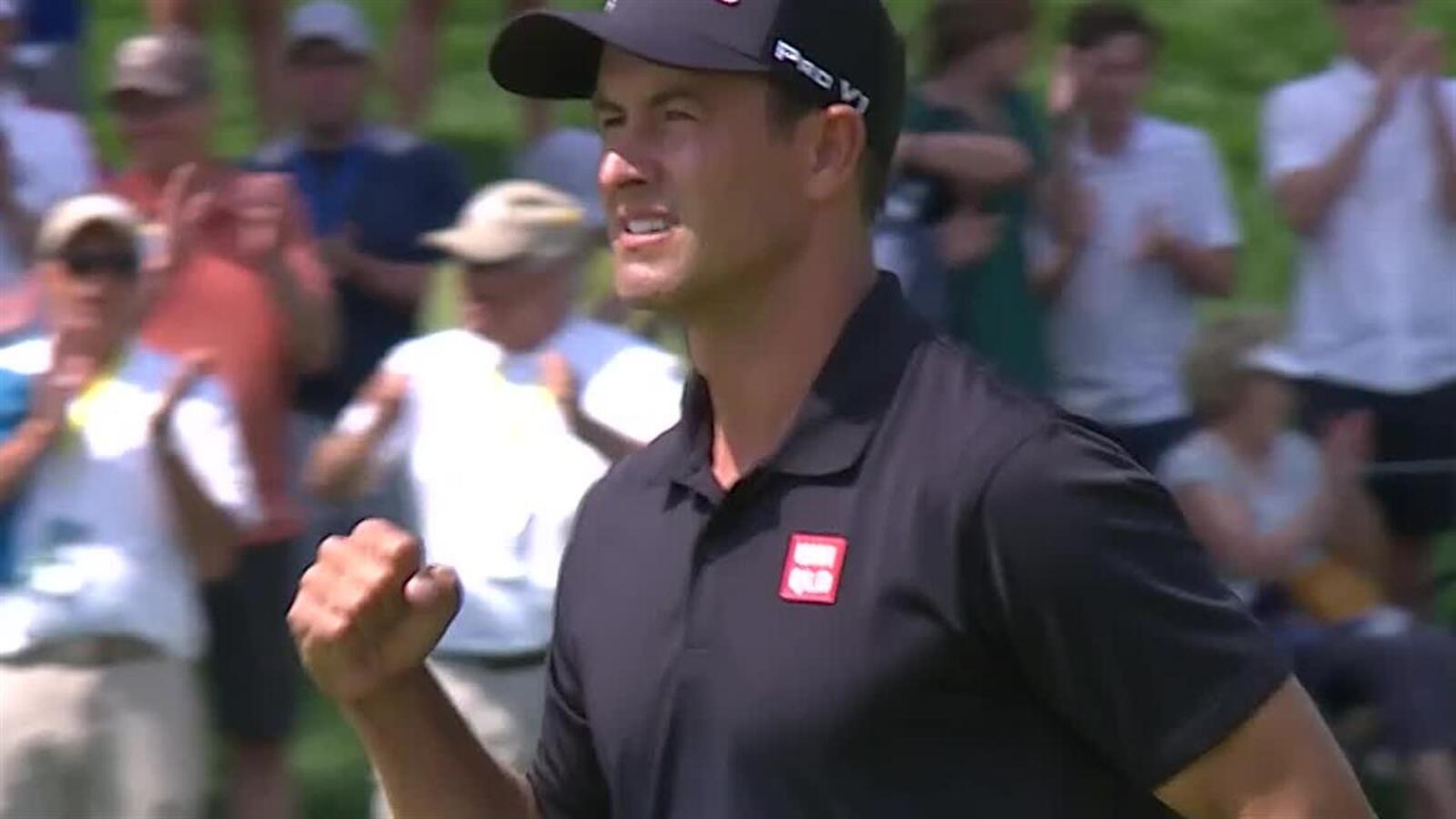 Adam Scott rolls in 28-foot birdie putt at the Memorial