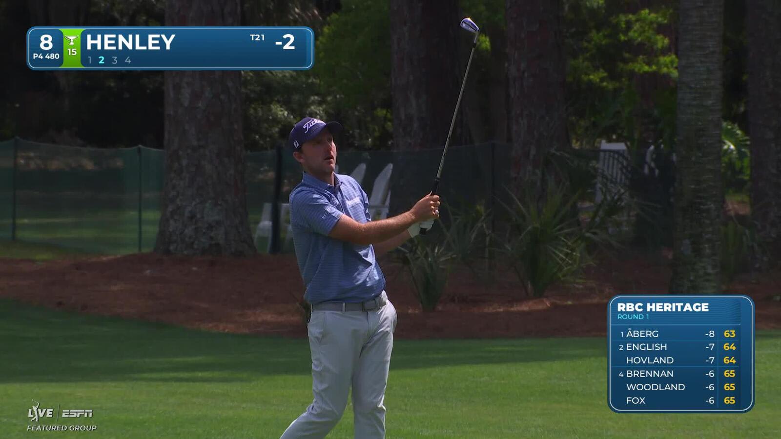 Russell Henley puts it close from 195 yards for birdie on No. 8 at RBC Heritage