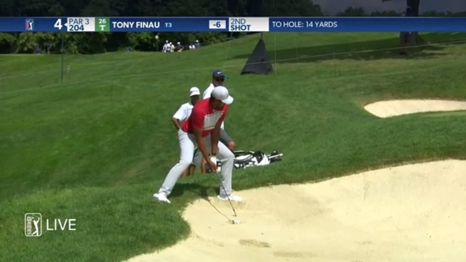 Tony Finau’s clutch bunker shot sets up par save at the Memorial