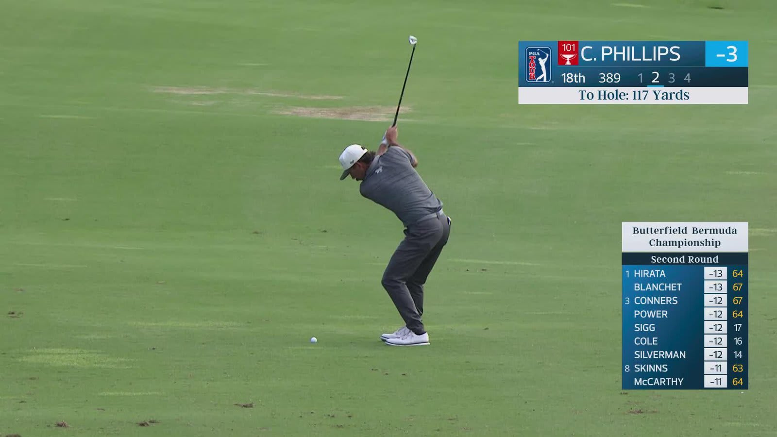 Chandler Phillips gets up-and-down from 119 yards for birdie on No. 18 at Butterfield Bermuda
