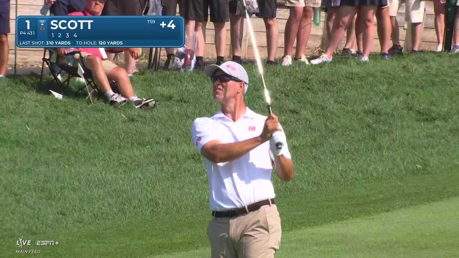 Adam Scott sinks a 21-foot birdie putt on No. 1 at Travelers