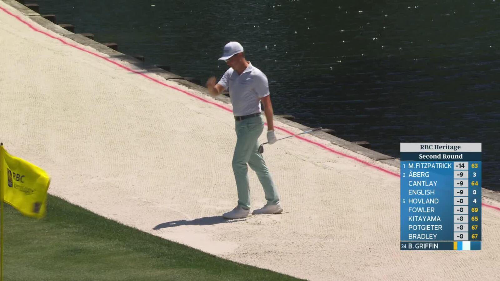 Ben Griffin holes 53-foot greenside bunker shot for birdie on No. 8 at RBC Heritage