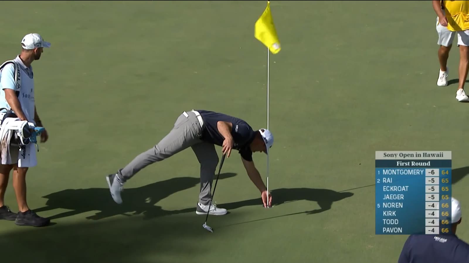 Taylor Montgomery holes birdie putt from off the green at Sony Open