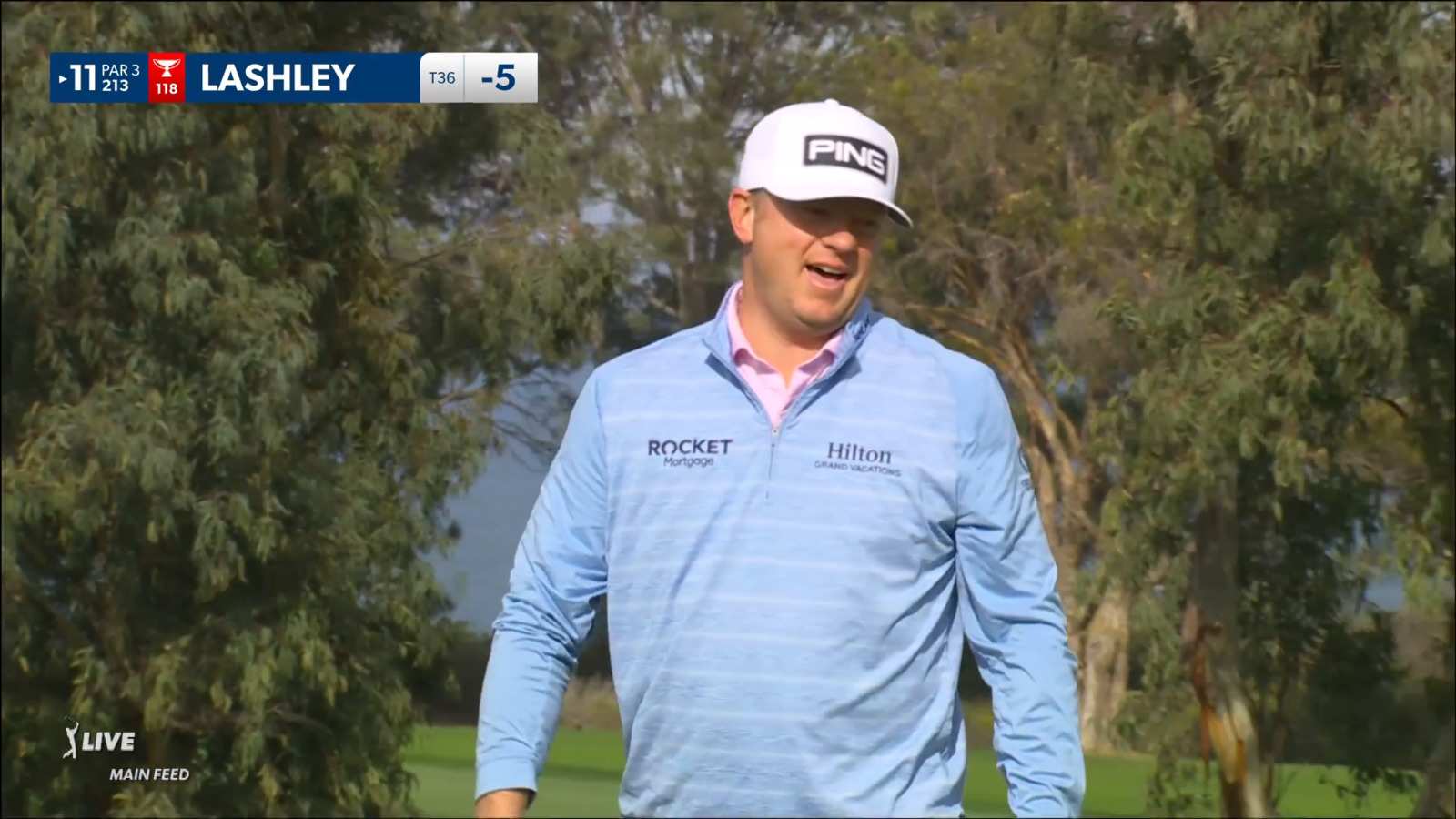 Nate Lashley's 13-foot birdie putt just finds the edge at Farmers