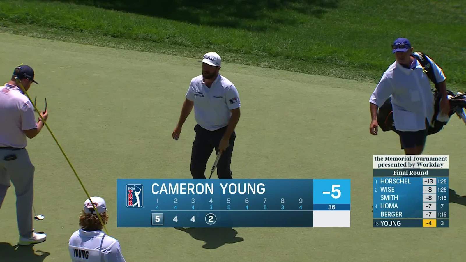 Cameron Young's tee shot off hill and birdie at the Memorial