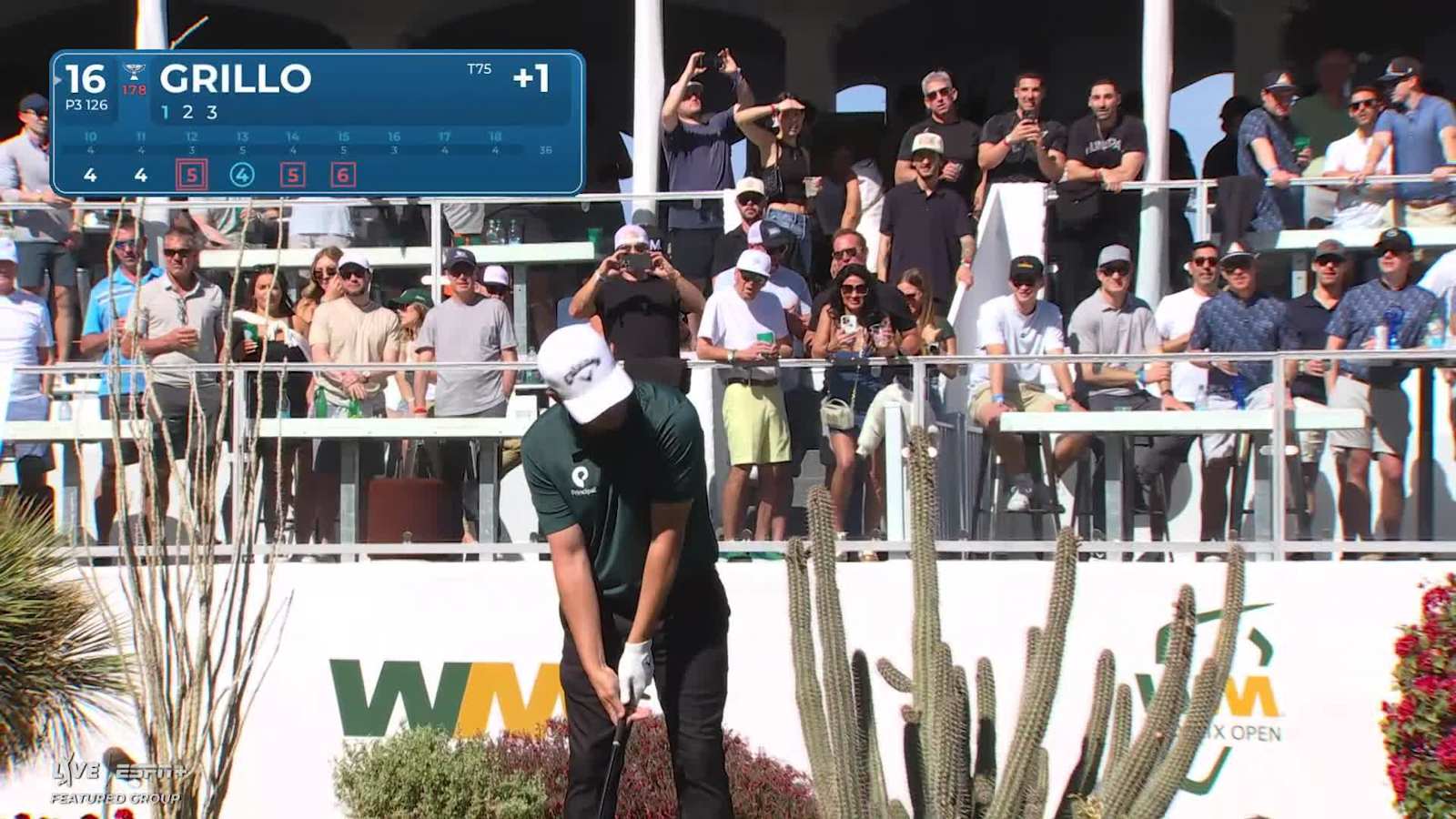 Emiliano Grillo hits another tight tee shot on No. 16 and birdies at WM Phoenix Open