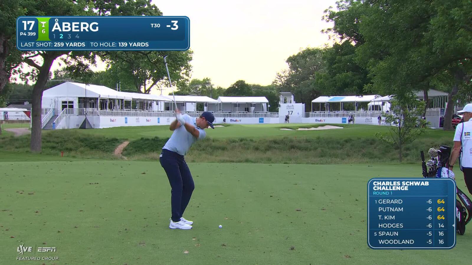 Ludvig Åberg gets up-and-down from 139 yards for birdie on No. 17 at Charles Schwab