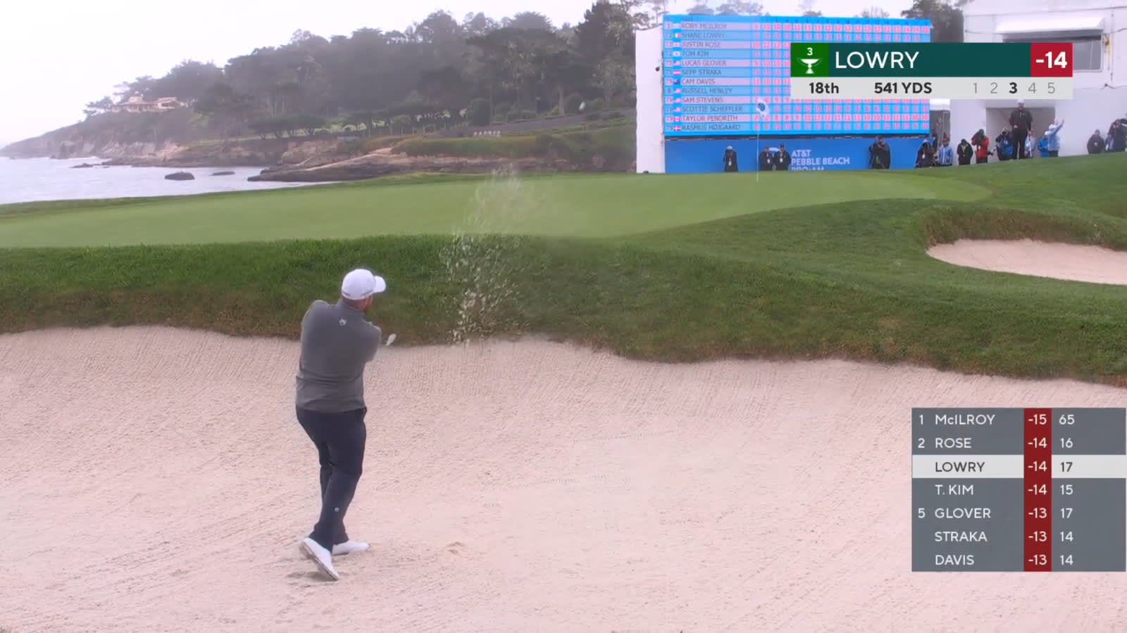 Shane Lowry gets up-and-down from the bunker for birdie at AT&T Pebble Beach