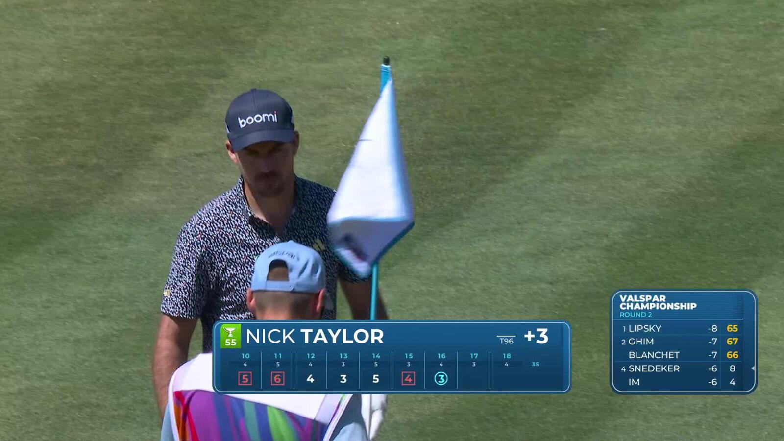 Nick Taylor holes out 34-foot shot for birdie on No. 16 at Valspar