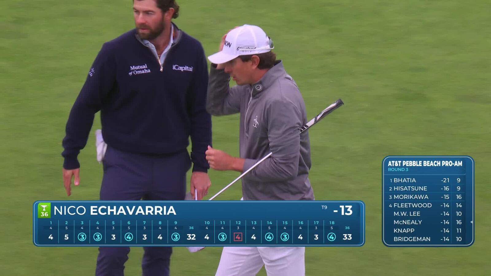 Nico Echavarria sinks 2-foot birdie putt on No. 18 at Pebble Beach