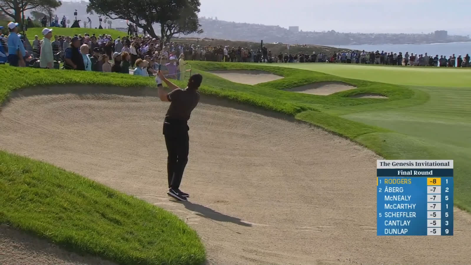 Patrick Rodgers escapes the fairway bunker to make birdie at Genesis