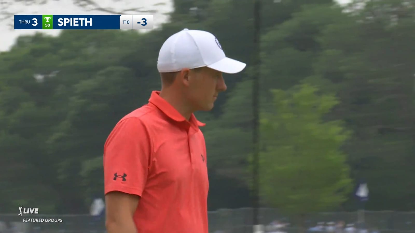 Jordan Spieth sends in a 35-foot birdie putt at Charles Schwab