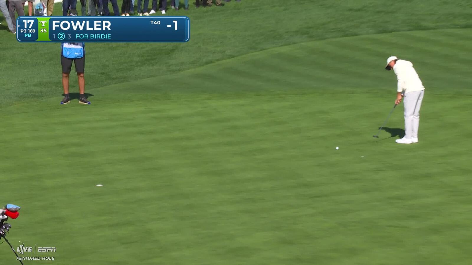Rickie Fowler sinks 24-foot birdie putt on No. 17 at Pebble Beach