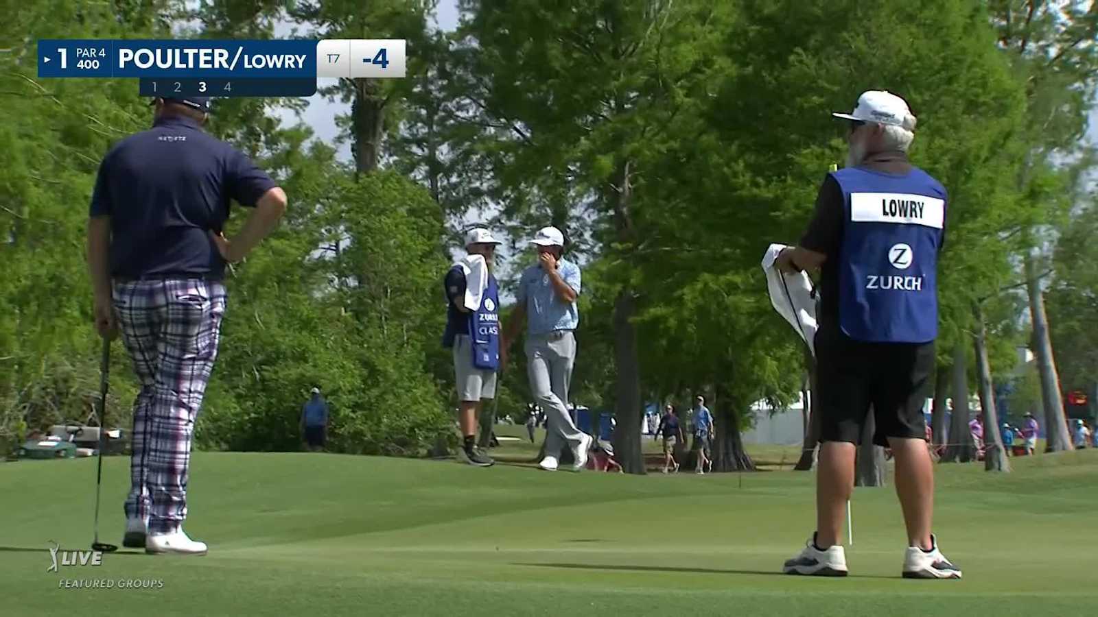 Ian Poulter chips in for birdie from below the green at Zurich Classic