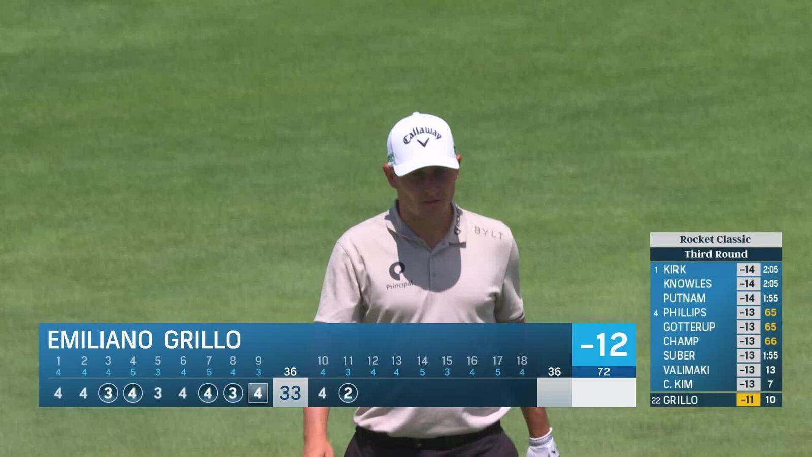 Emiliano Grillo holes out for birdie from 62-feet on No. 11 at Rocket Classic