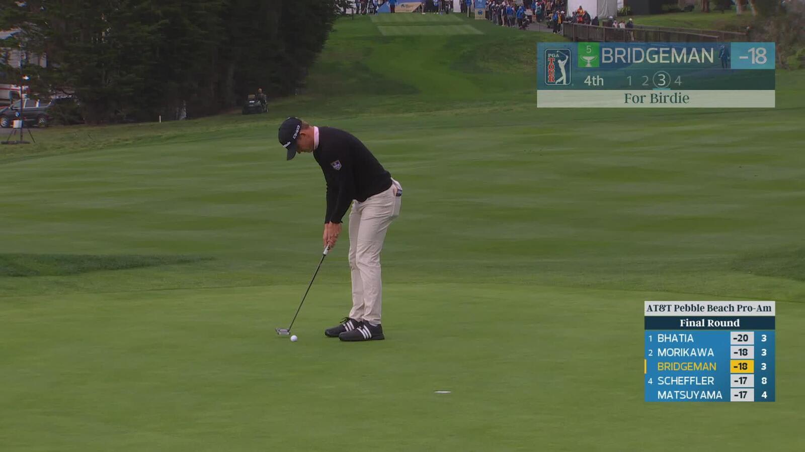 Jacob Bridgeman sinks 11-foot birdie putt on No. 4 at AT&T Pebble Beach