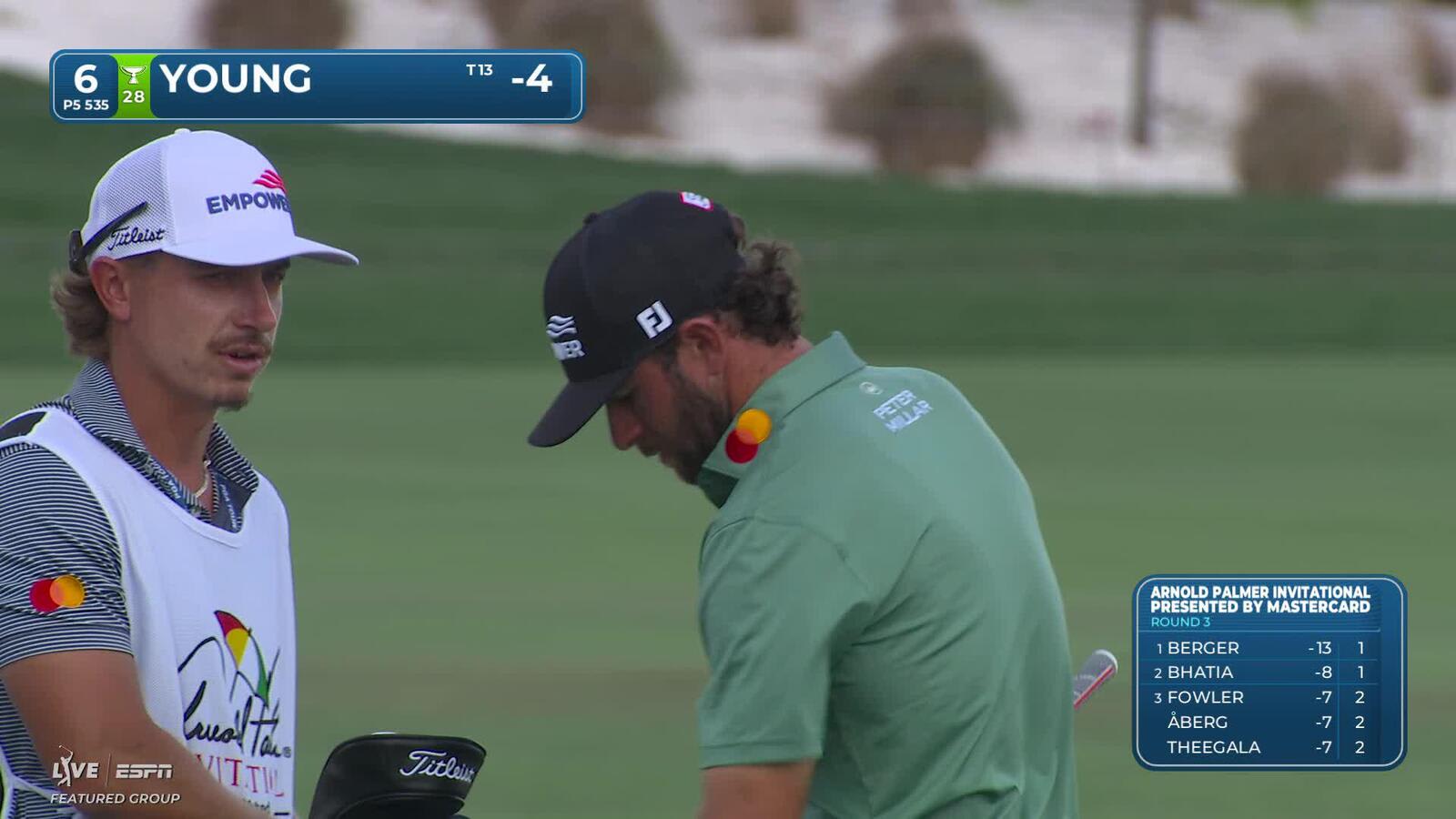 Cameron Young reaches in two for birdie at No. 6 at Arnold Palmer