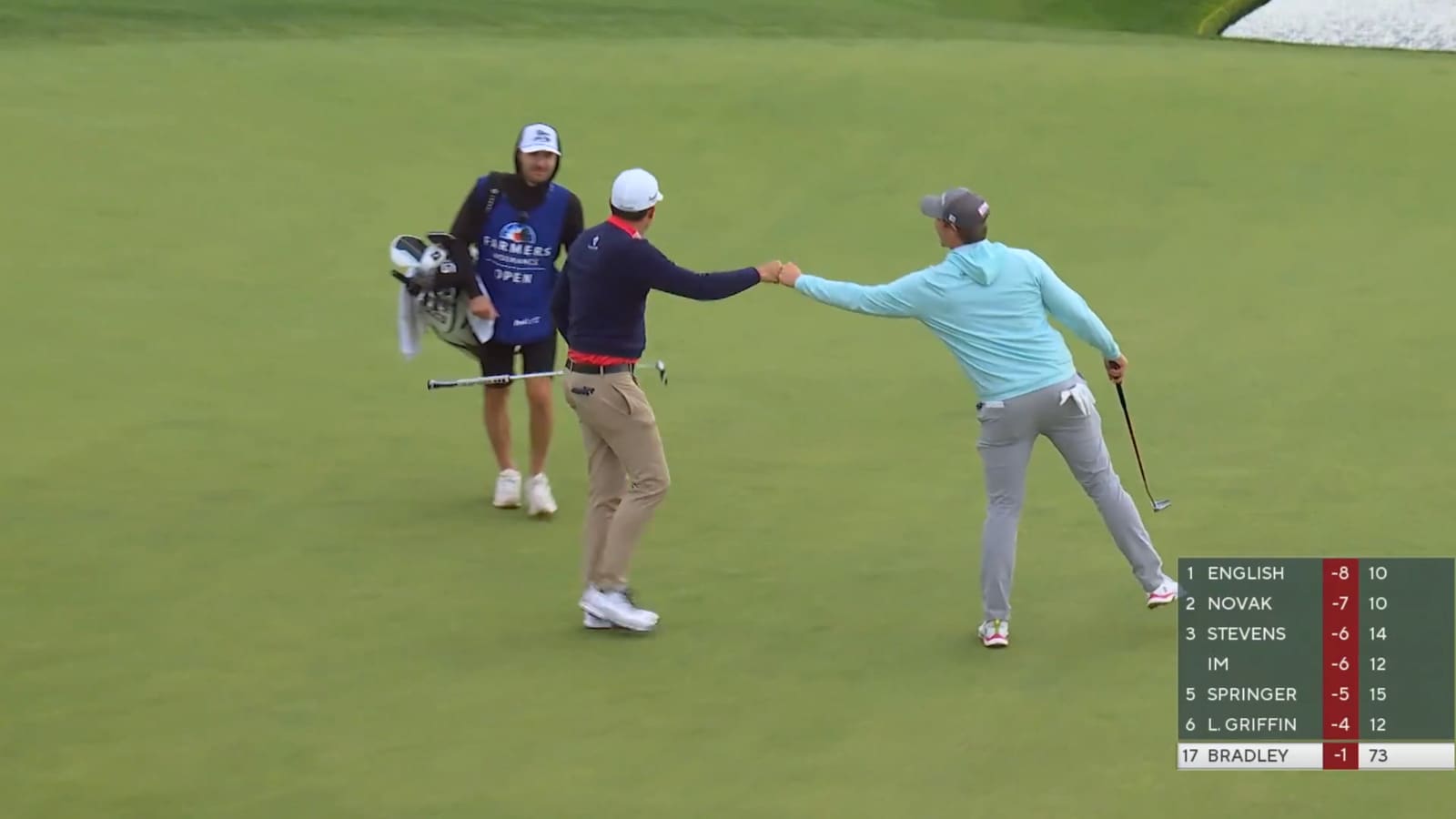 Keegan Bradley drains a 60-foot eagle putt to finish at Farmers