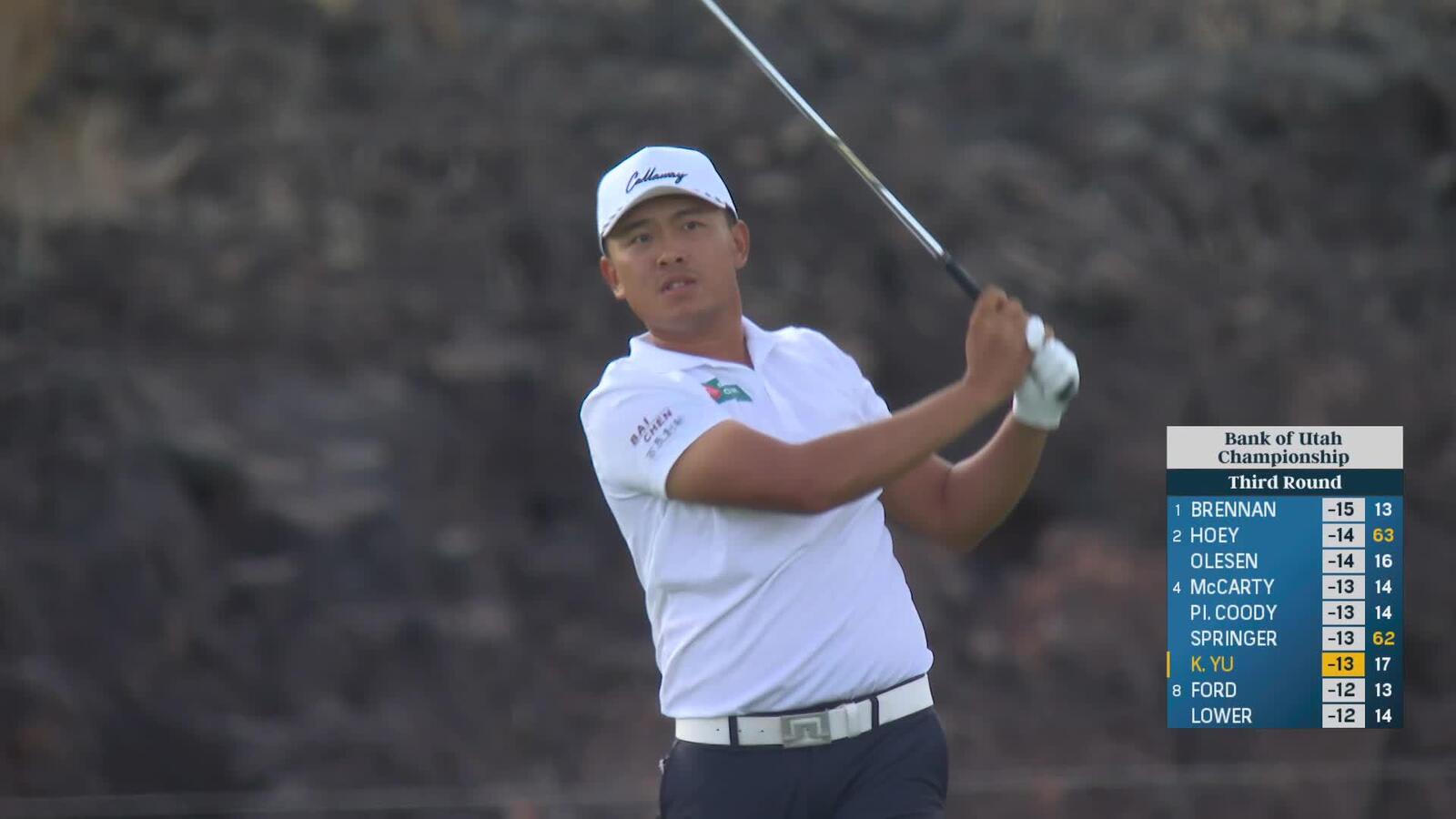 Kevin Yu sinks his birdie putt on No. 18 at the Bank of Utah to post an 8-under 63 heading into Sunday.