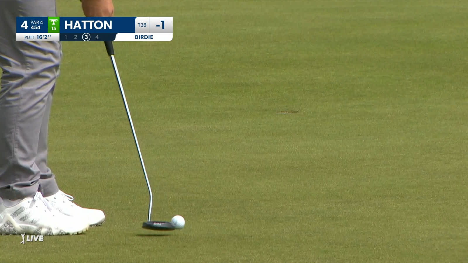 Tyrrell Hatton sends in a 16-foot putt for birdie at Genesis Scottish Open