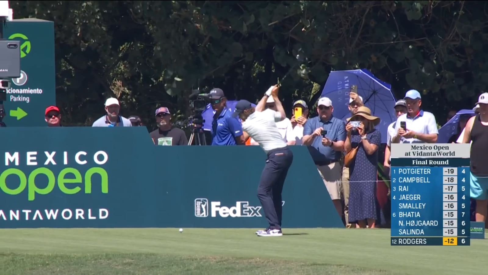 Patrick Rodgers drives the green leading to eagle at Mexico Open